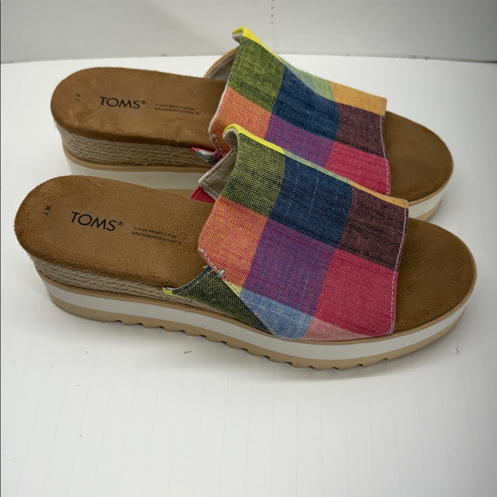 Diana Mule Wedge Sandal Multi Picnic Plaid Sz 7